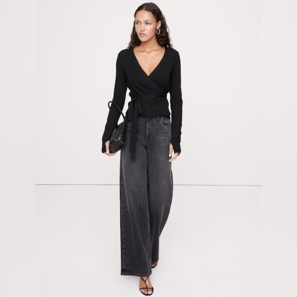 NWT Banana Republic Black Rib Wrap Top Sz S/P (#825842)